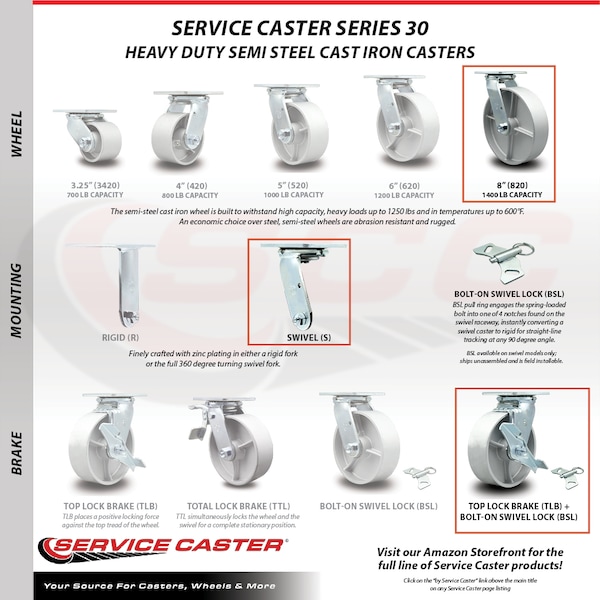 Service Caster 8 Inch Semi Steel Caster Set with Roller Bearings and Brake/Swivel Lock SCC SCC-30CS820-SSR-TLB-BSL-4 - main